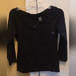 New York & Company Womens Black V-neck Three Quarter Sleeve Blouse Tee Y2k